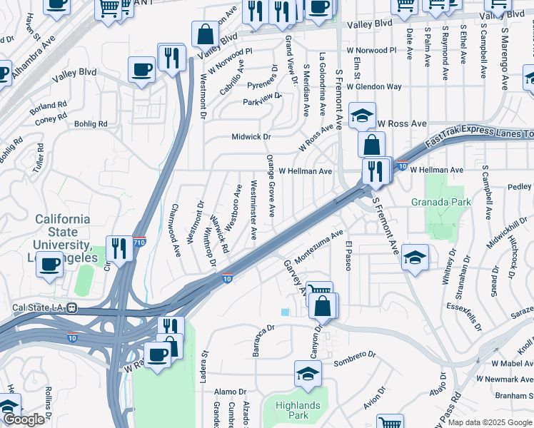 map of restaurants, bars, coffee shops, grocery stores, and more near 2200 Westminster Avenue in Alhambra