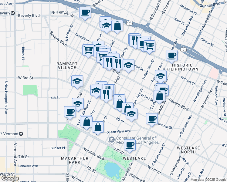 map of restaurants, bars, coffee shops, grocery stores, and more near 215 South Rampart Boulevard in Los Angeles