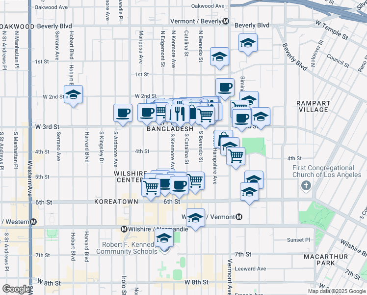 map of restaurants, bars, coffee shops, grocery stores, and more near 330 South Kenmore Avenue in Los Angeles