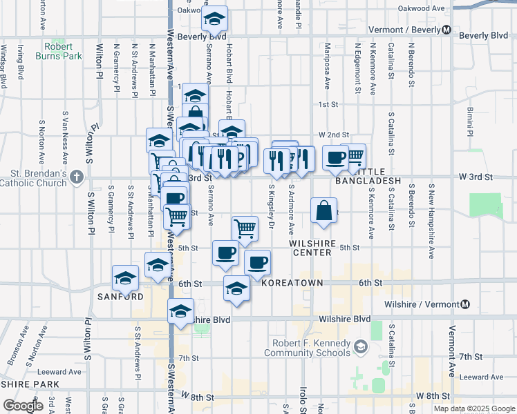 map of restaurants, bars, coffee shops, grocery stores, and more near 339 South Kingsley Drive in Los Angeles