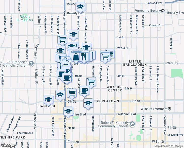 map of restaurants, bars, coffee shops, grocery stores, and more near 334 South Hobart Boulevard in Los Angeles