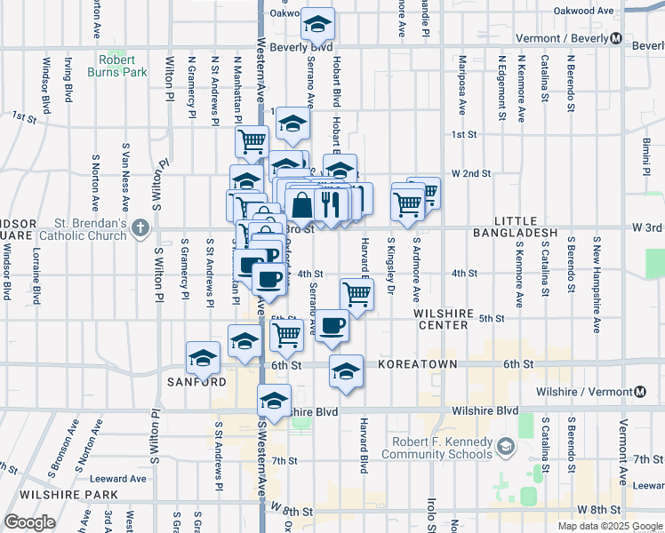 map of restaurants, bars, coffee shops, grocery stores, and more near 334 South Hobart Boulevard in Los Angeles