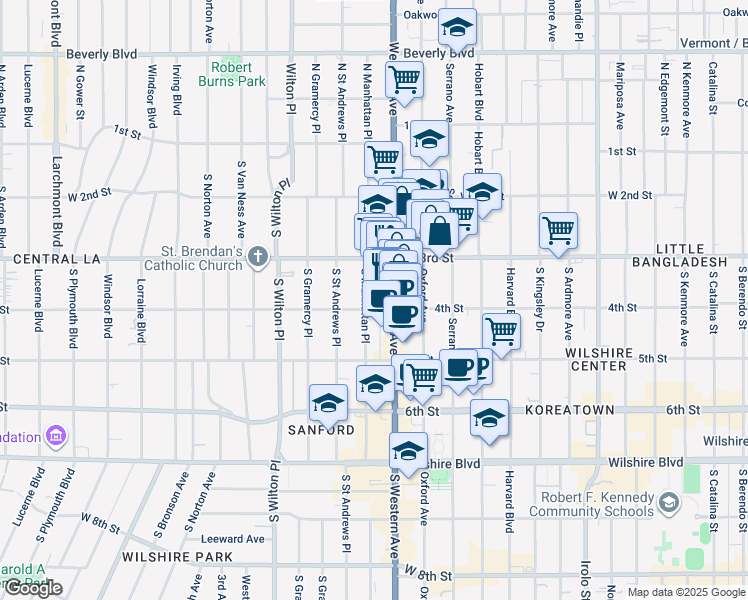 map of restaurants, bars, coffee shops, grocery stores, and more near 333 South Western Avenue in Los Angeles