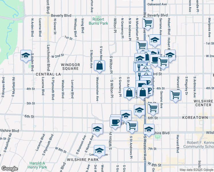 map of restaurants, bars, coffee shops, grocery stores, and more near 333 South Van Ness Avenue in Los Angeles