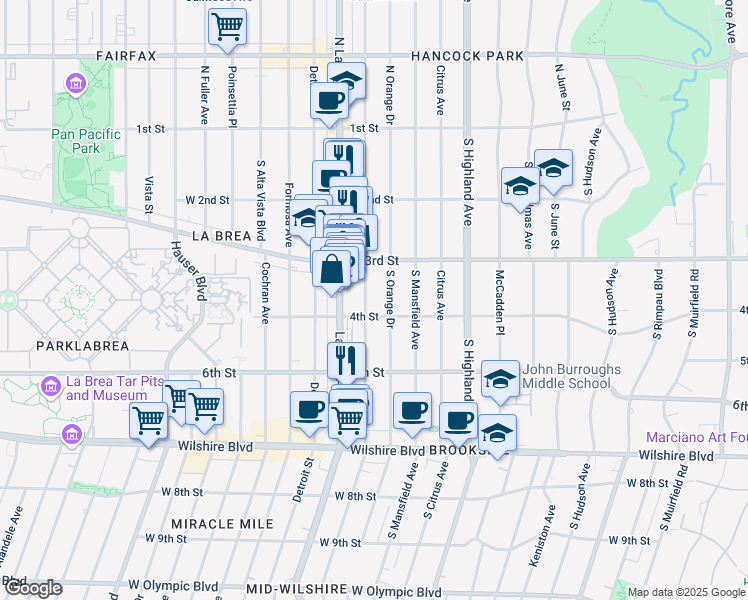 map of restaurants, bars, coffee shops, grocery stores, and more near 334 South Sycamore Avenue in Los Angeles