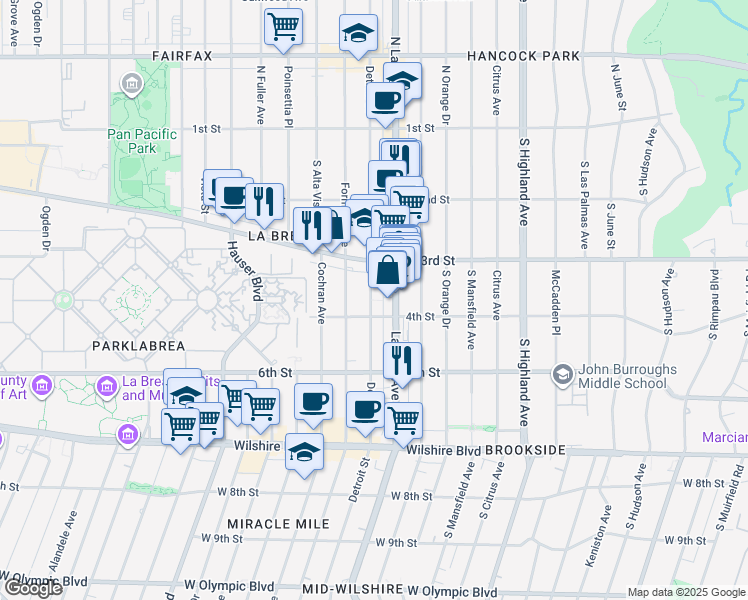 map of restaurants, bars, coffee shops, grocery stores, and more near 325 South Detroit Street in Los Angeles