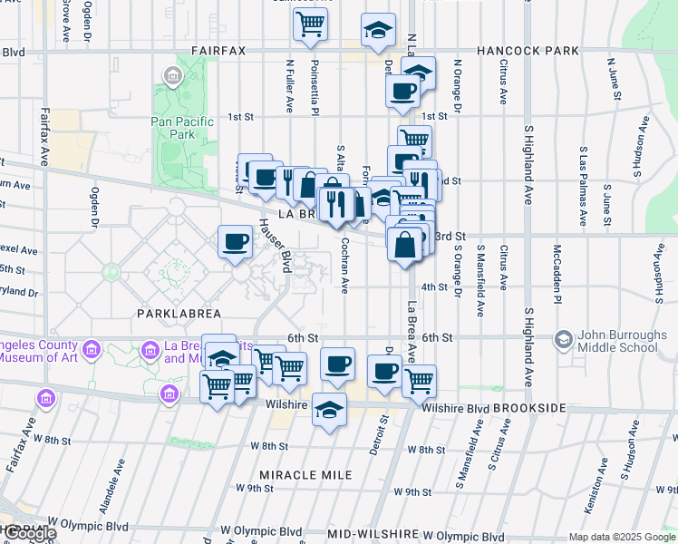 map of restaurants, bars, coffee shops, grocery stores, and more near 336 South Cochran Avenue in Los Angeles