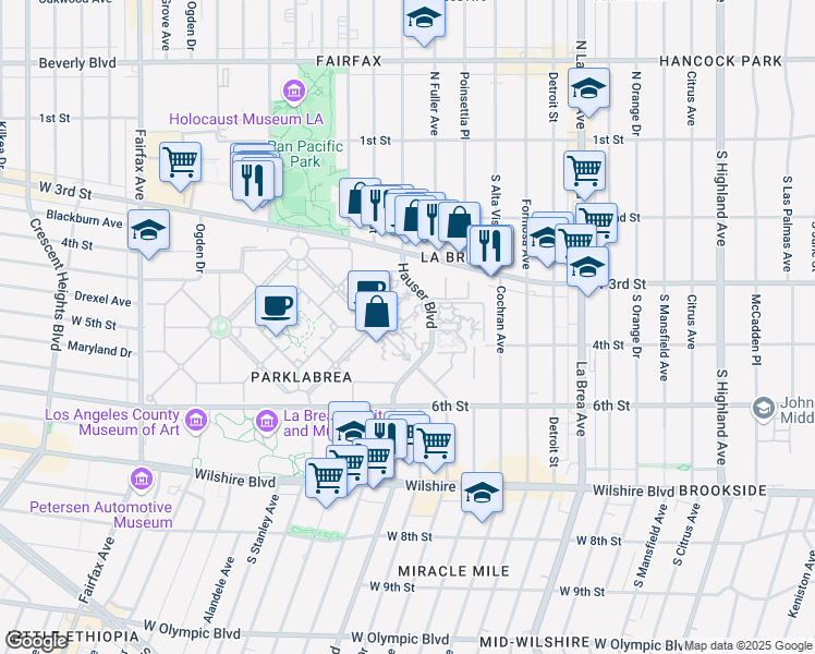 map of restaurants, bars, coffee shops, grocery stores, and more near 400 South Burnside Avenue in Los Angeles