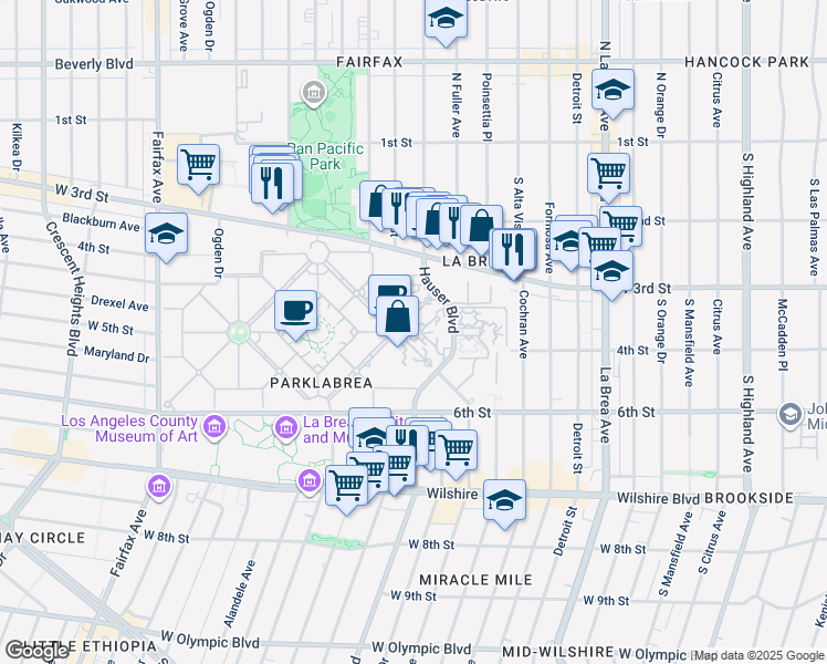 map of restaurants, bars, coffee shops, grocery stores, and more near 400 South Burnside Avenue in Los Angeles