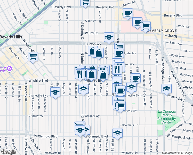 map of restaurants, bars, coffee shops, grocery stores, and more near 8949 Wilshire Boulevard in Beverly Hills