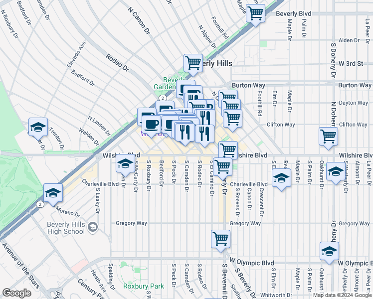 map of restaurants, bars, coffee shops, grocery stores, and more near 329 North Rodeo Drive in Beverly Hills
