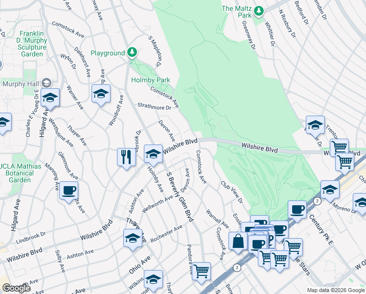 map of restaurants, bars, coffee shops, grocery stores, and more near 875 Comstock Avenue in Los Angeles