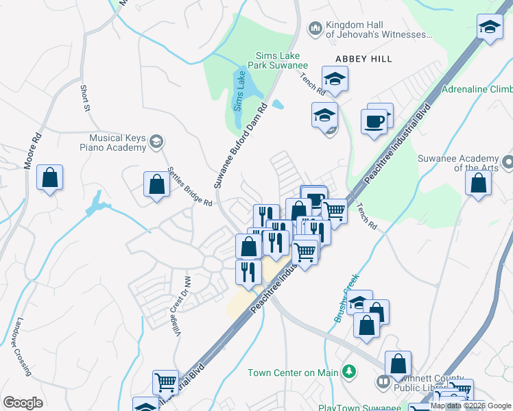 map of restaurants, bars, coffee shops, grocery stores, and more near 4379 Tacoma Trace in Suwanee