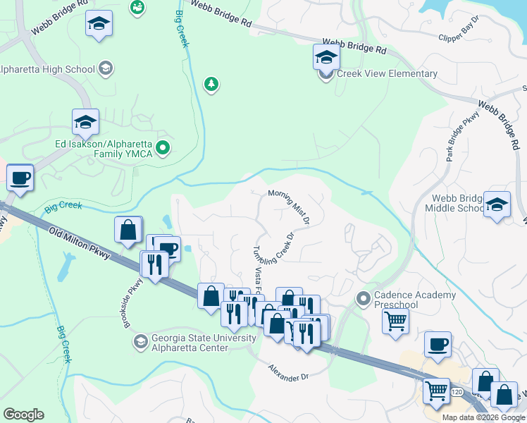 map of restaurants, bars, coffee shops, grocery stores, and more near 300 Morning Mist Way in Alpharetta