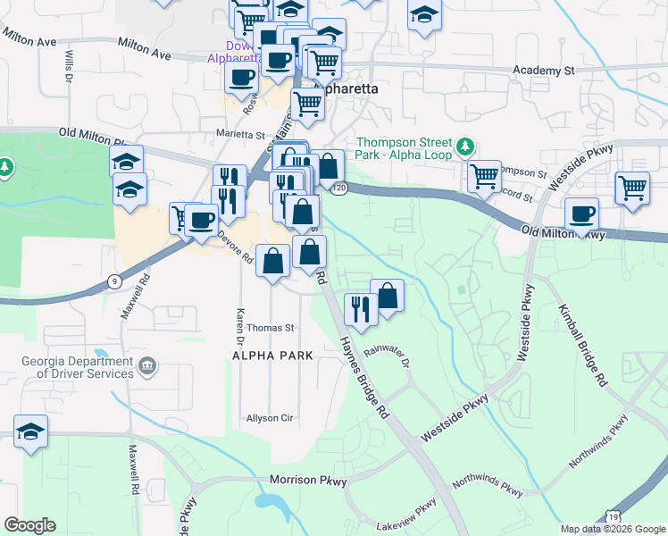 map of restaurants, bars, coffee shops, grocery stores, and more near 300 Nottaway Lane in Alpharetta