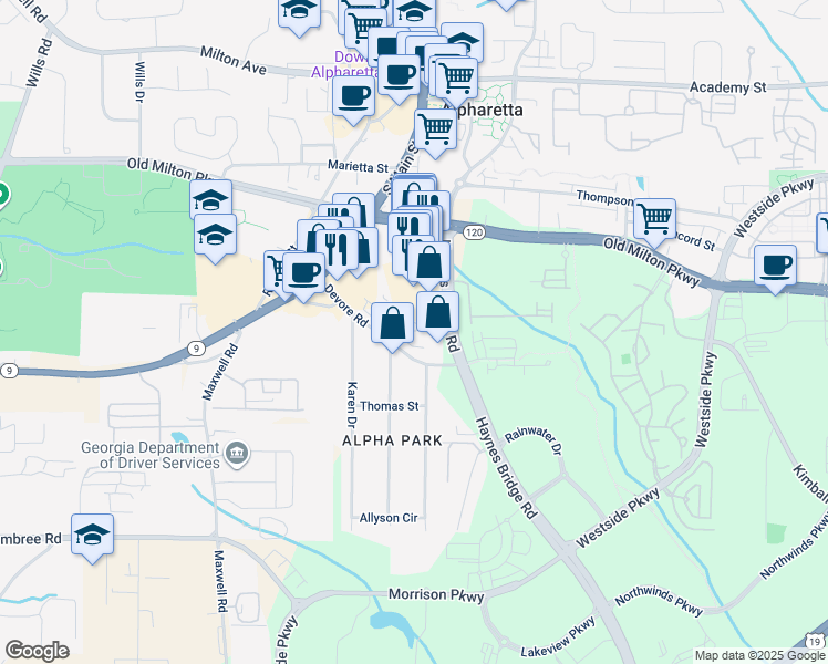 map of restaurants, bars, coffee shops, grocery stores, and more near 453 Burton Drive in Alpharetta