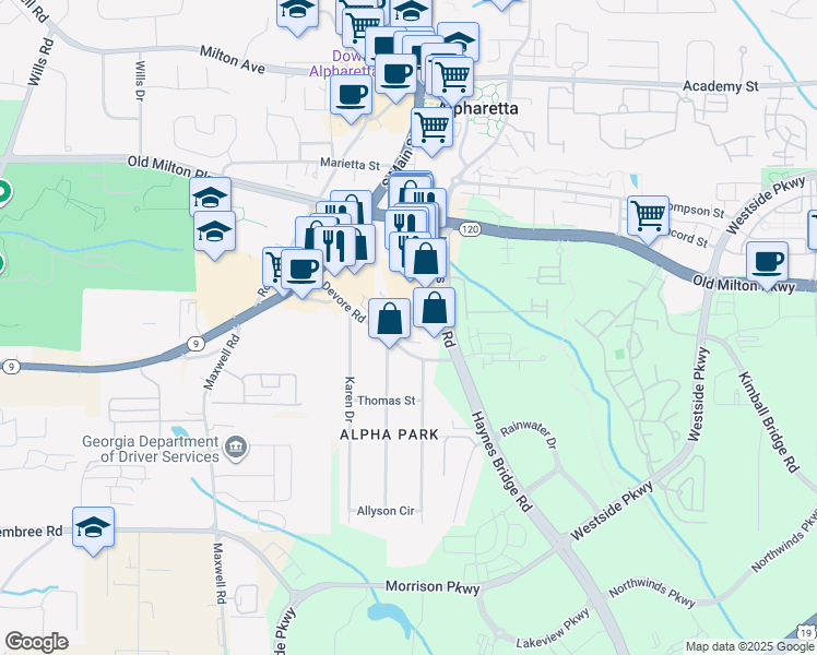 map of restaurants, bars, coffee shops, grocery stores, and more near 453 Burton Drive in Alpharetta