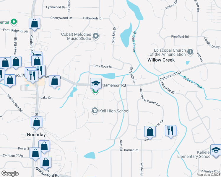 map of restaurants, bars, coffee shops, grocery stores, and more near 4772 Jamerson Creek Court in Marietta