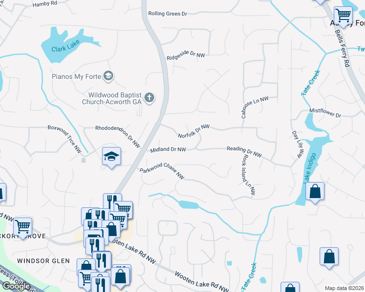 map of restaurants, bars, coffee shops, grocery stores, and more near 1136 Midland Drive Northwest in Acworth