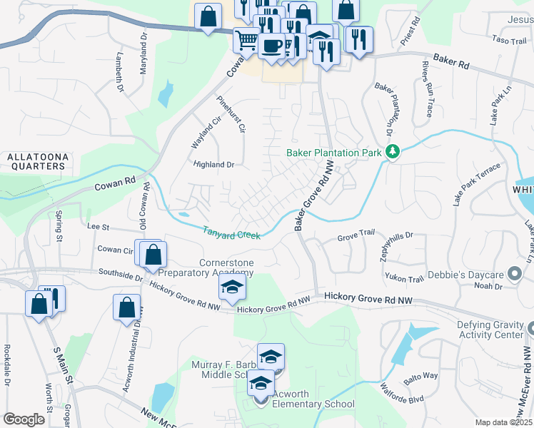 map of restaurants, bars, coffee shops, grocery stores, and more near 387 Windcroft Court Northwest in Acworth