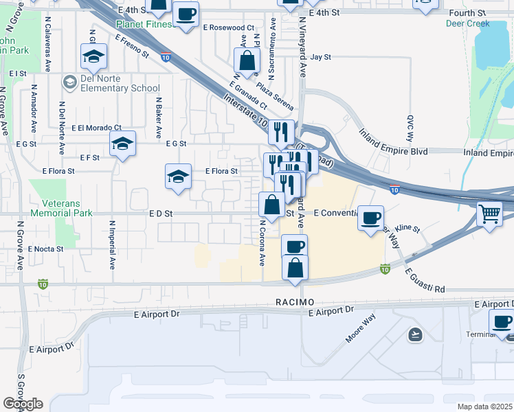map of restaurants, bars, coffee shops, grocery stores, and more near 406 North Placer Privado in Ontario
