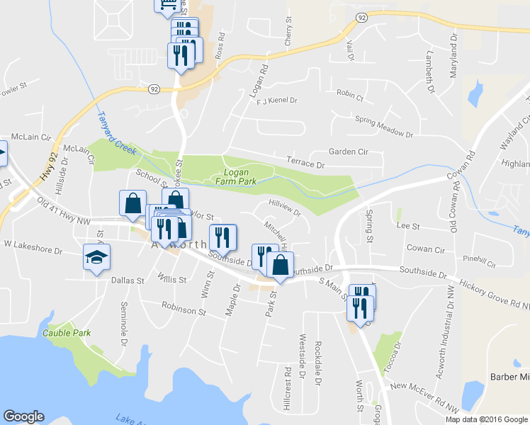 map of restaurants, bars, coffee shops, grocery stores, and more near 4385 Ridgecrest Court in Acworth