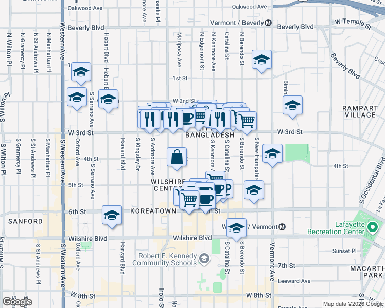 map of restaurants, bars, coffee shops, grocery stores, and more near 345 South Alexandria Avenue in Los Angeles