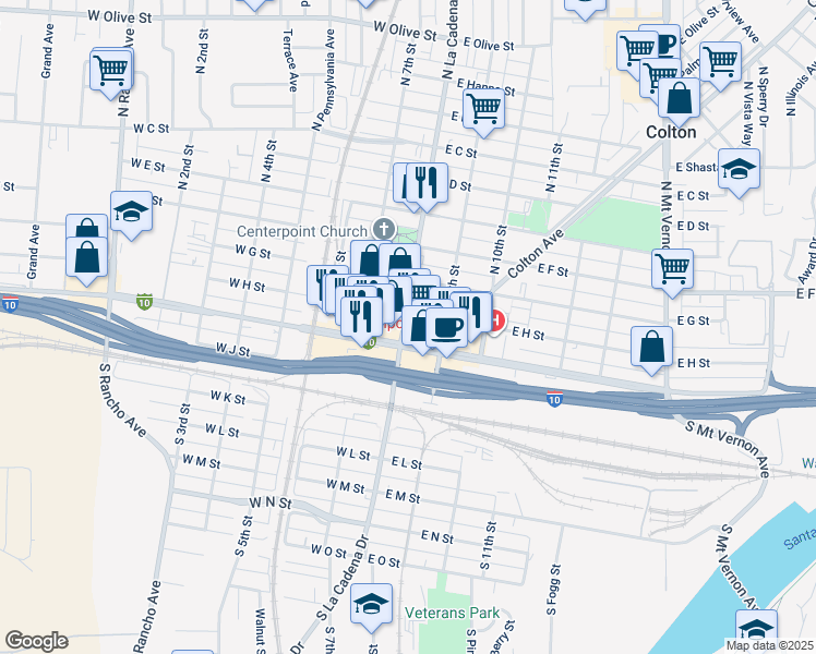 map of restaurants, bars, coffee shops, grocery stores, and more near 250 North La Cadena Drive in Colton