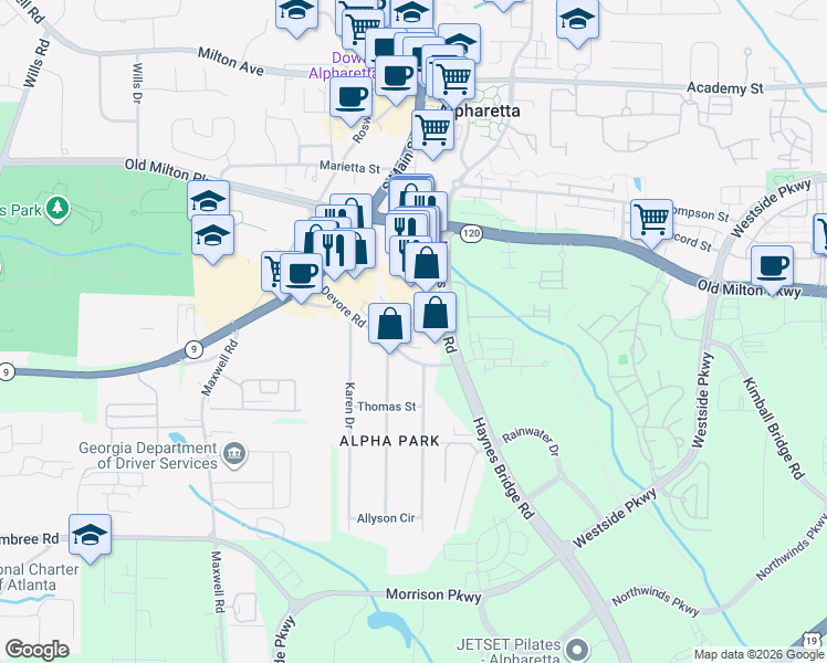 map of restaurants, bars, coffee shops, grocery stores, and more near 11770 Haynes Bridge Road in Alpharetta