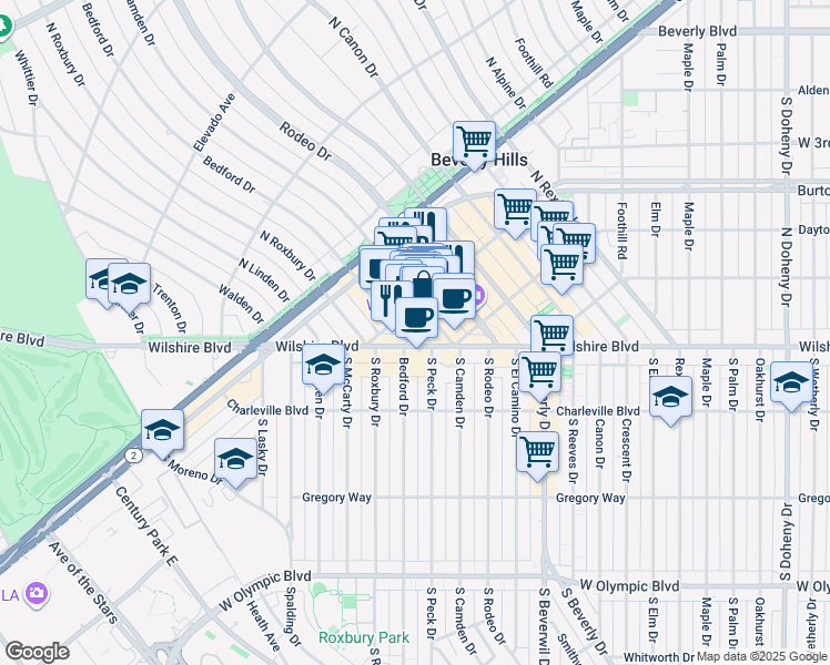 map of restaurants, bars, coffee shops, grocery stores, and more near in Beverly Hills