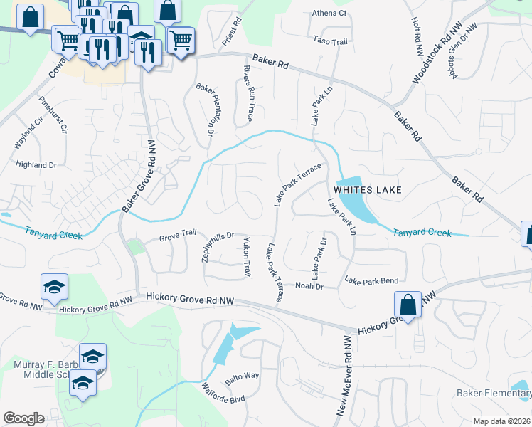 map of restaurants, bars, coffee shops, grocery stores, and more near 4747 Julian Way in Acworth