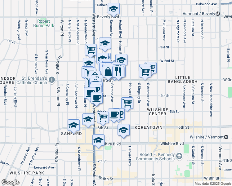 map of restaurants, bars, coffee shops, grocery stores, and more near 350 Serrano Avenue in Los Angeles