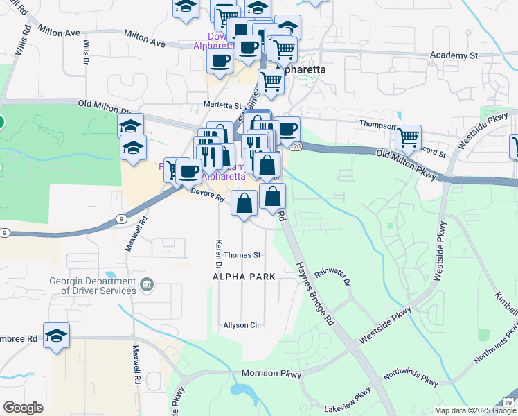 map of restaurants, bars, coffee shops, grocery stores, and more near 501 Burton Drive in Alpharetta