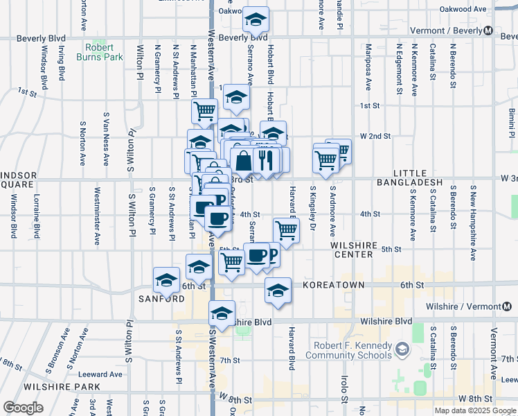 map of restaurants, bars, coffee shops, grocery stores, and more near 350 Serrano Avenue in Los Angeles