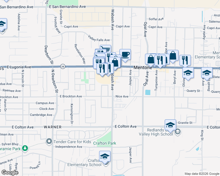 map of restaurants, bars, coffee shops, grocery stores, and more near 1122 Alpine Court in Redlands