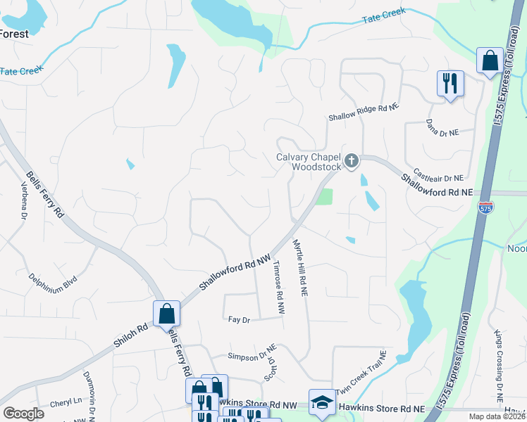 map of restaurants, bars, coffee shops, grocery stores, and more near 134 North View Lane Northwest in Kennesaw
