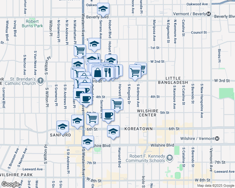 map of restaurants, bars, coffee shops, grocery stores, and more near 345 South Harvard Boulevard in Los Angeles