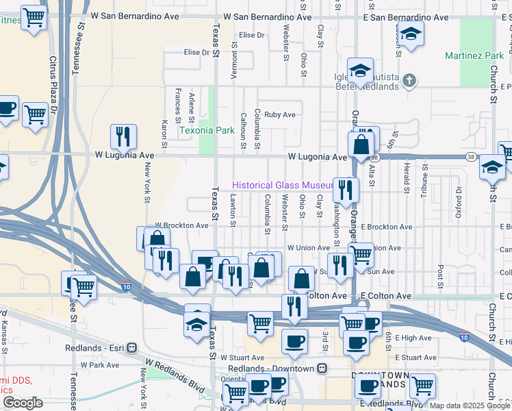 map of restaurants, bars, coffee shops, grocery stores, and more near 1132 Calhoun Street in Redlands