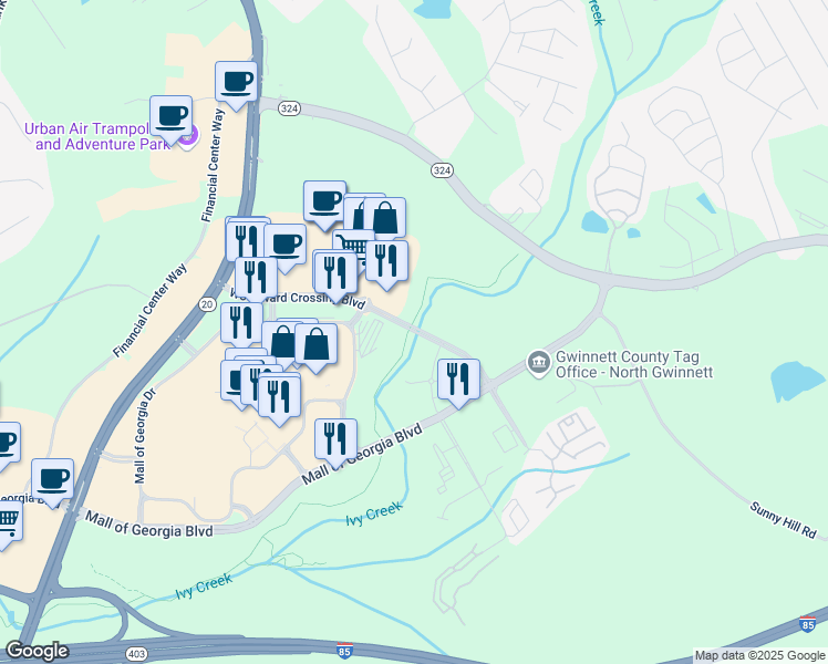 map of restaurants, bars, coffee shops, grocery stores, and more near Woodward Crossing Boulevard in Buford