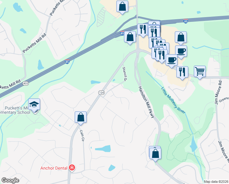 map of restaurants, bars, coffee shops, grocery stores, and more near 2253 Stancil Point Drive in Dacula