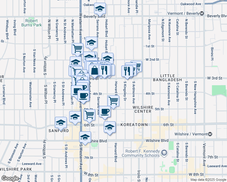 map of restaurants, bars, coffee shops, grocery stores, and more near 345 South Harvard Boulevard in Los Angeles
