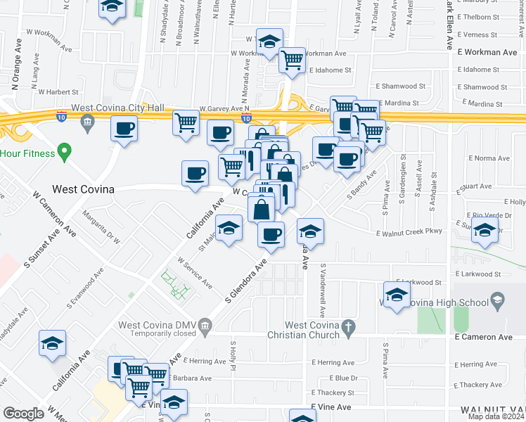 map of restaurants, bars, coffee shops, grocery stores, and more near 843 West Blue Ash Road in West Covina