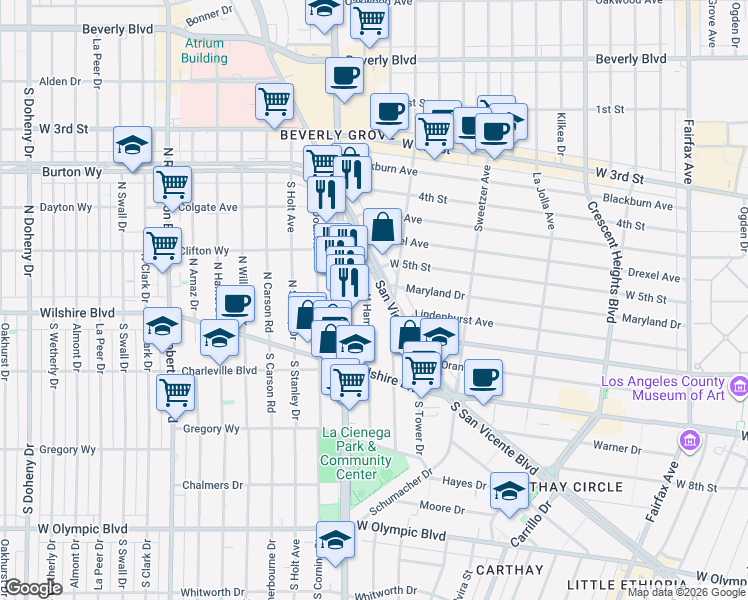 map of restaurants, bars, coffee shops, grocery stores, and more near 142 North Hamilton Drive in Beverly Hills