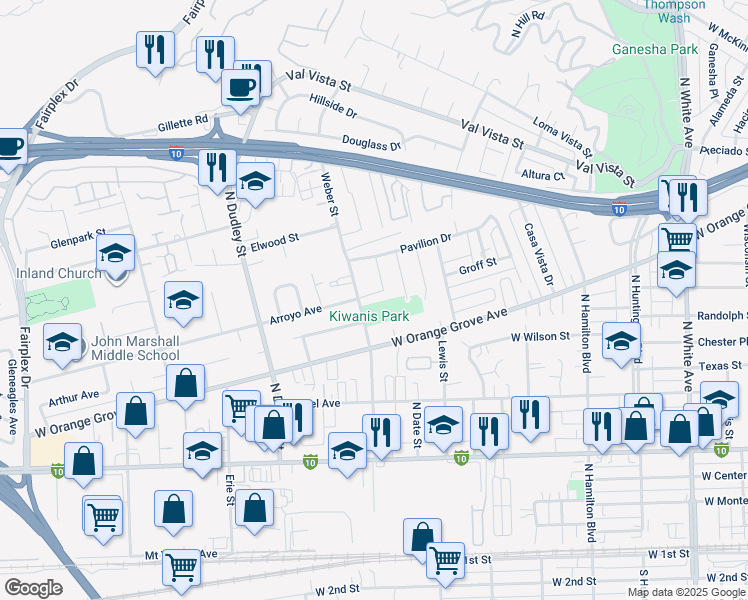 map of restaurants, bars, coffee shops, grocery stores, and more near in Pomona