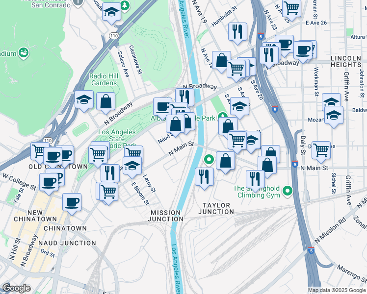 map of restaurants, bars, coffee shops, grocery stores, and more near 1745 N North Main St in Los Angeles