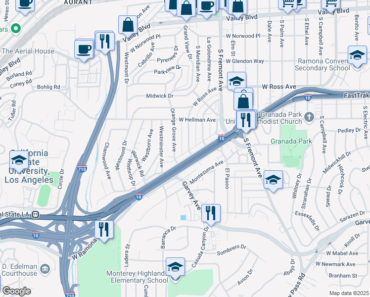 map of restaurants, bars, coffee shops, grocery stores, and more near 2221 Meridian Avenue in Alhambra