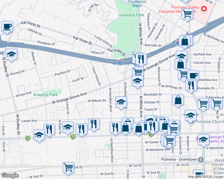 map of restaurants, bars, coffee shops, grocery stores, and more near 1020 North Hamilton Boulevard in Pomona