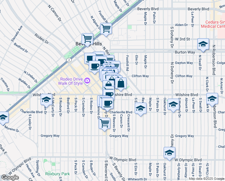 map of restaurants, bars, coffee shops, grocery stores, and more near 2421 Clifton Way in Beverly Hills