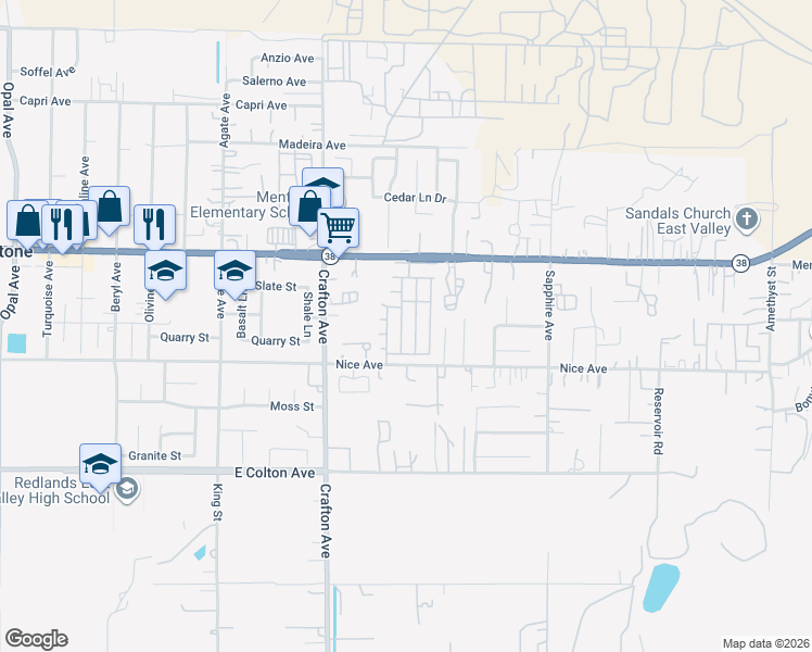 map of restaurants, bars, coffee shops, grocery stores, and more near 2140 Mentone Boulevard in Mentone