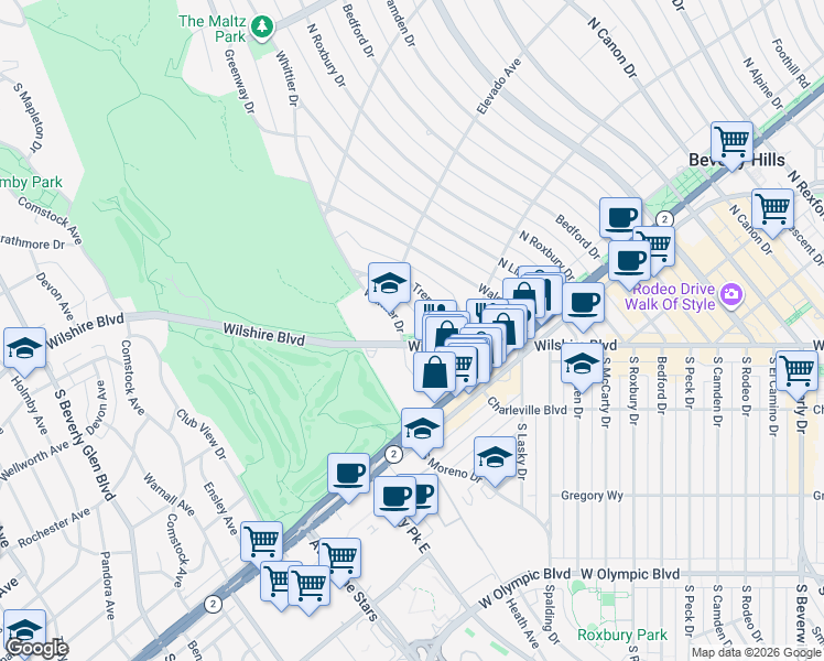 map of restaurants, bars, coffee shops, grocery stores, and more near 606 Whittier Drive in Beverly Hills